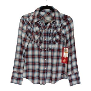 SEVEN7 Pleated Ruffle Red Blue Plaid Pearl Snap Button Front Long Sleeve Top NWT